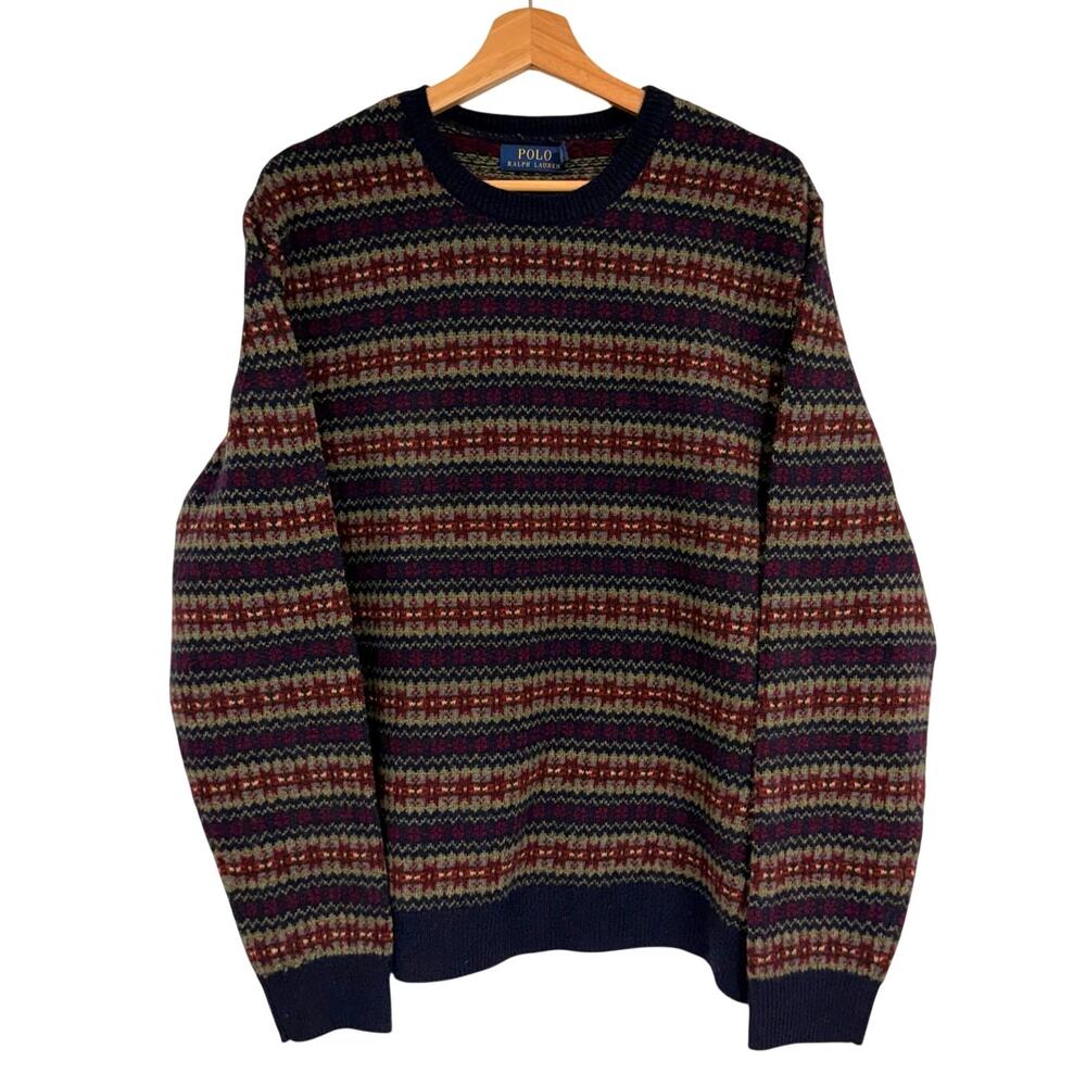 Ralph Lauren Knit Fair Isle Crewneck Wool & Cashmere Sweater SZ LARGE Navy EUC